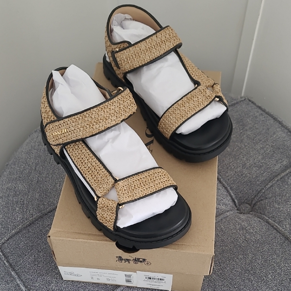 Women's Coach Black and Tan Straw Sport Sandals